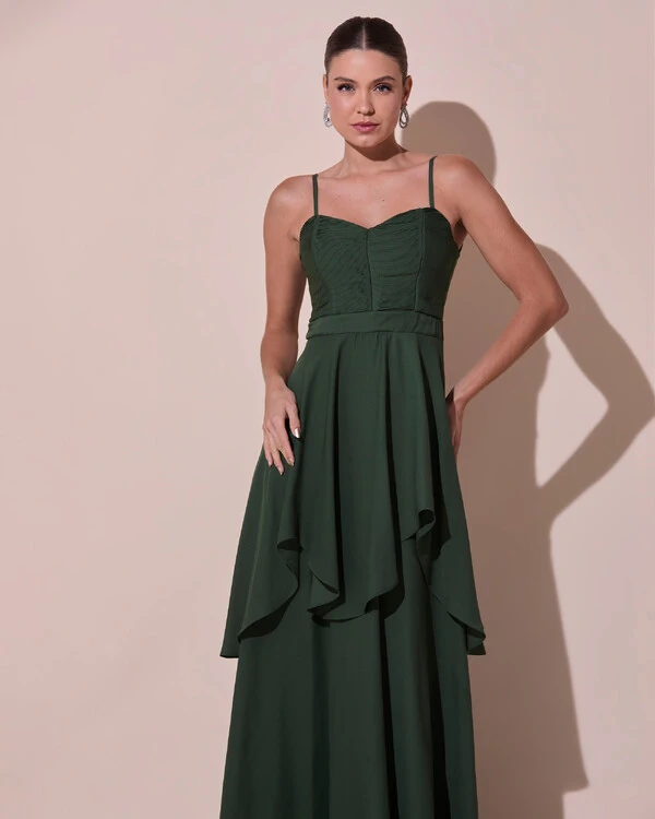 Vestido de Festa Longo Decote Coração Plissado Crepe Chiffon Babados Cascata Verde Escuro New