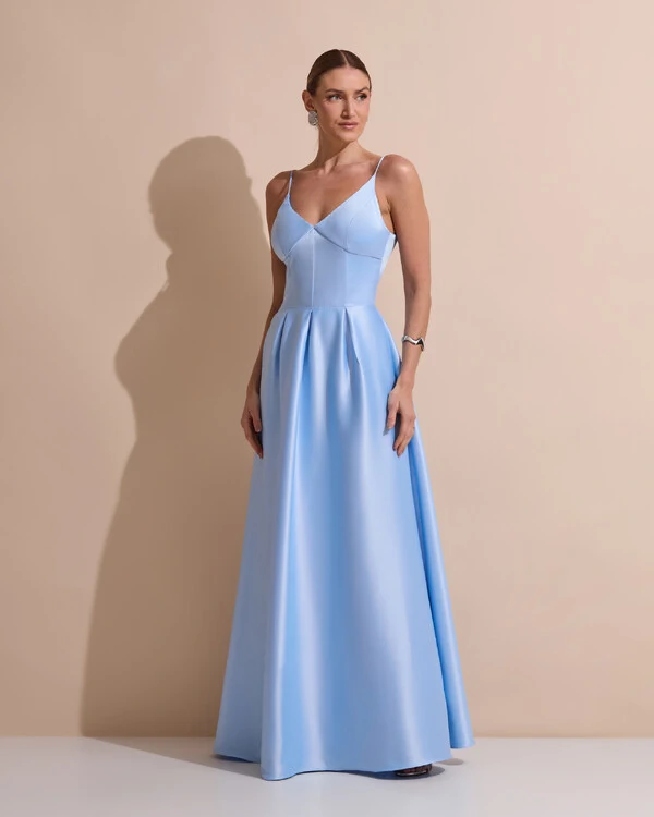 Vestido de Festa Longo Alça Fina Decote V Cetim Saia Evasê Serenity