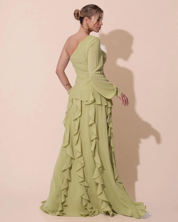 Vestido de Festa Longo Crepe Um Ombro Só Manga Longa e Babados Cascata Verde Garden