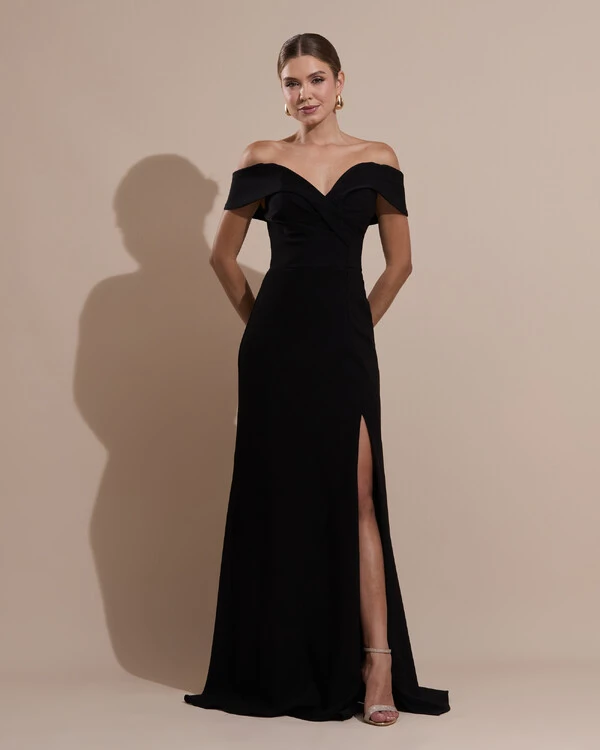 Vestido de Festa Longo Alfaiataria Ombro a Ombro com Fenda Preto