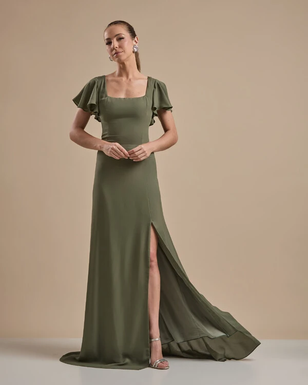 Vestido de Festa Longo Crepe Chiffon Manga Babado e Fenda Verde Oliva
