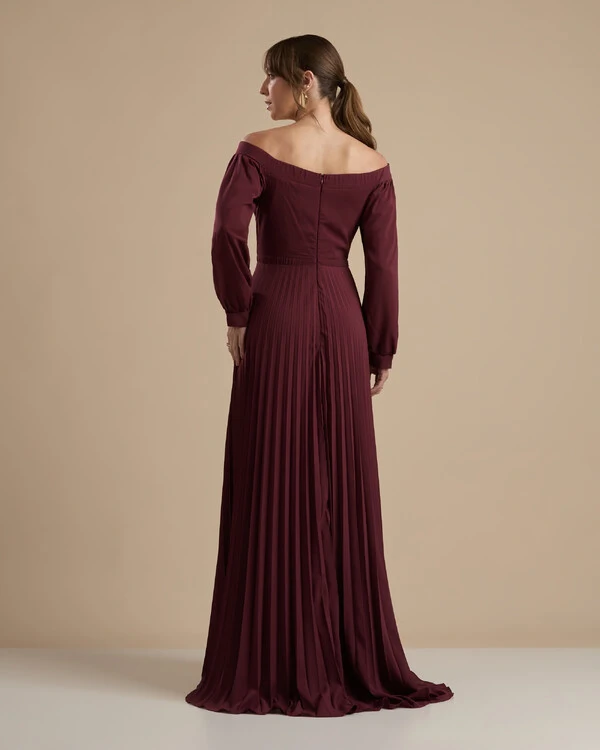 Vestido de Festa Longo Crepe Chiffon Plissado Ombro a Ombro Marsala