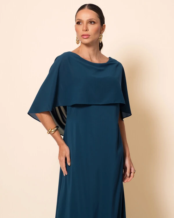 Vestido de Festa Longo Crepe Chiffon com Capa e Degagê nas Costas Verde Escuro