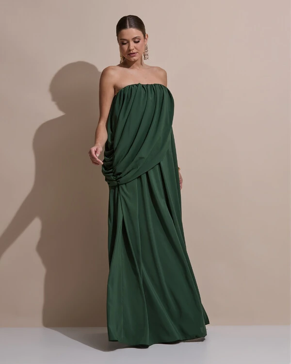 Vestido de Festa Longo Tomara Que Caia Crepe Chiffon Drapeado Verde Militar
