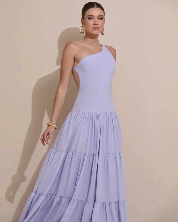 Vestido de Festa Longo Um ombro Só Crepe Chiffon Saia Fluida Lilás Claro