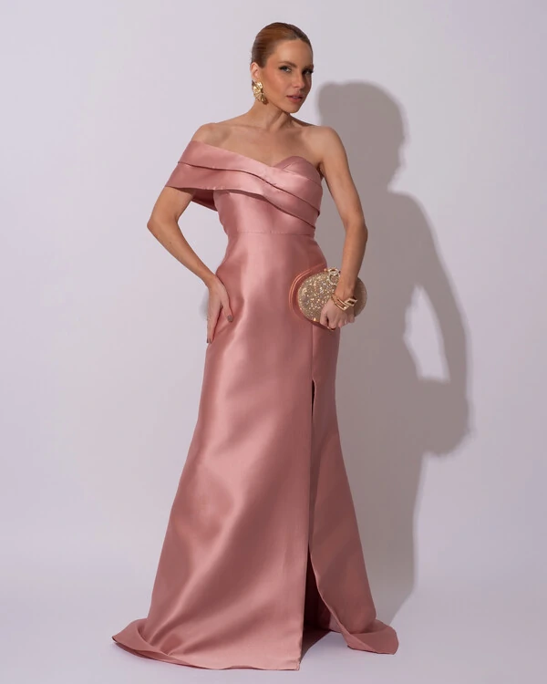 Vestido de festa Longo Zibeline Faixa Drapeada Ombro e Fenda Rose