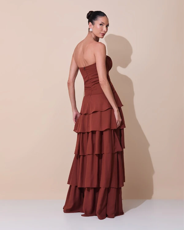 Vestido de Festa Longo Tomara que Caia Drapeado Crepe Chiffon Babados Camadas Marrom New