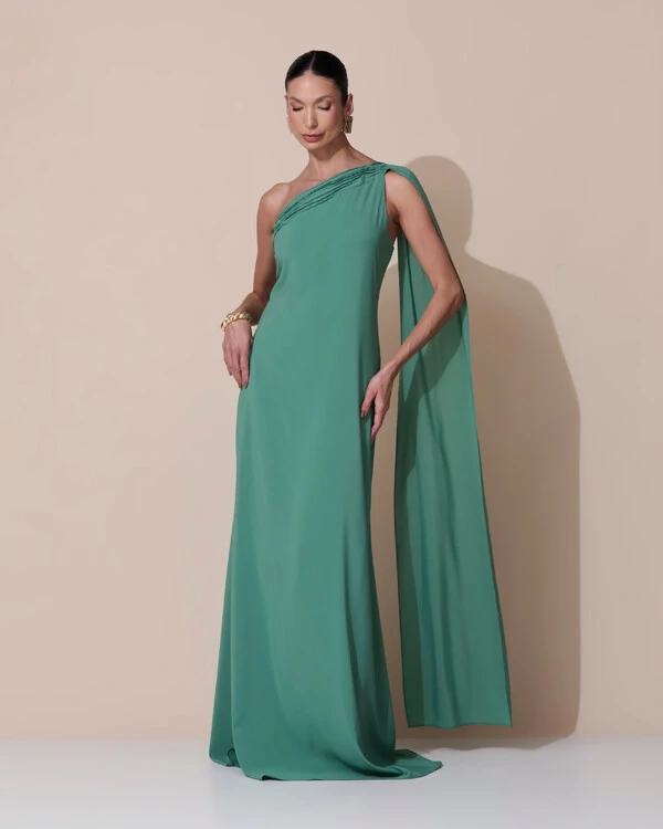 Vestido de Festa Longo Crepe Chiffon Um Ombro Só Drapeado Verde Matcha Escuro