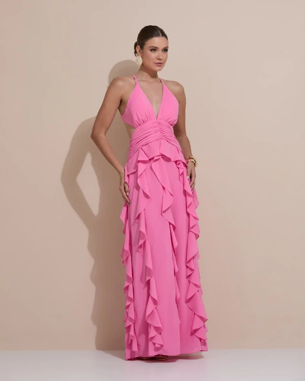 Vestido de Festa Longo Decote V Recortes Drapeado Crepe Chiffon Babados Cascata Rosa