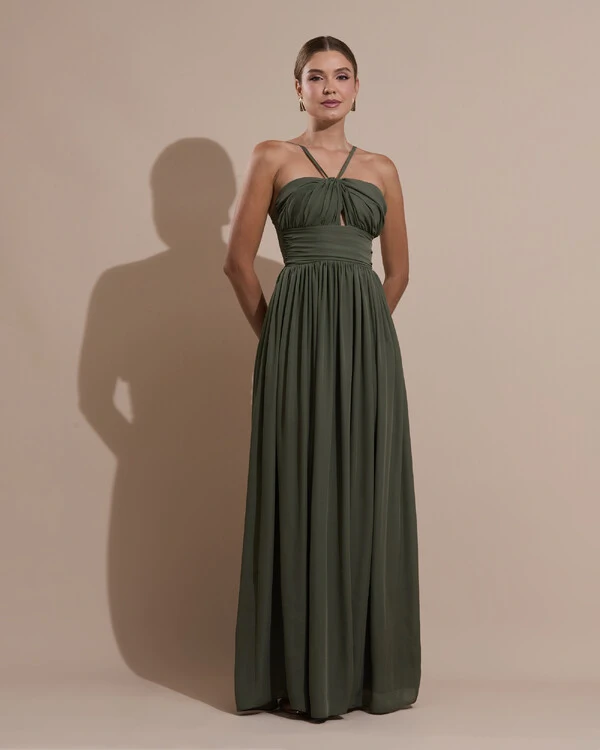 Vestido de Festa Longo Crepe Chiffon Drapeado com Alças Finas Verde Oliva