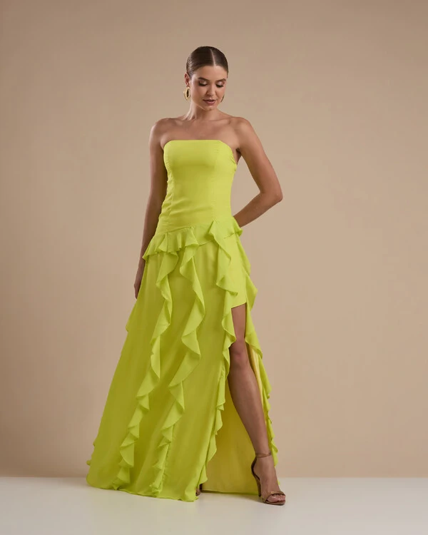 Vestido de festa Longo Tomara que Caia Crepe Chiffon com Bababos Cascata e Fenda Verde Lima
