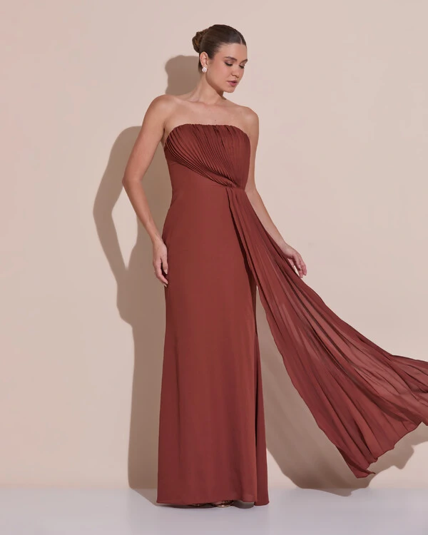 Vestido de Festa Longo Tomara Que Caia Crepe Chiffon Plissado Lenço Marrom New