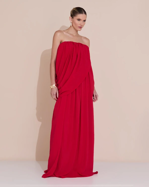 Vestido de Festa Longo Tomara Que Caia Crepe Chiffon Drapeado Vermelho