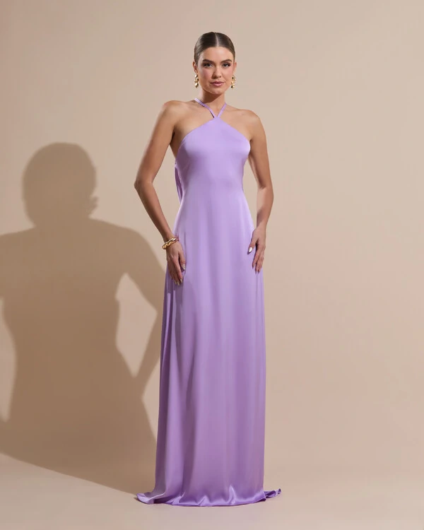 Vestido Longo de Cetim com Decote Triangular e Amarração nas Costas Degagê Lilás