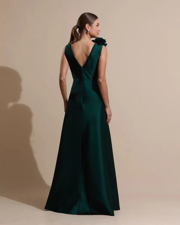 Vestido de Festa longo Zibeline Decote em V com Flores Removivel Verde Escuro