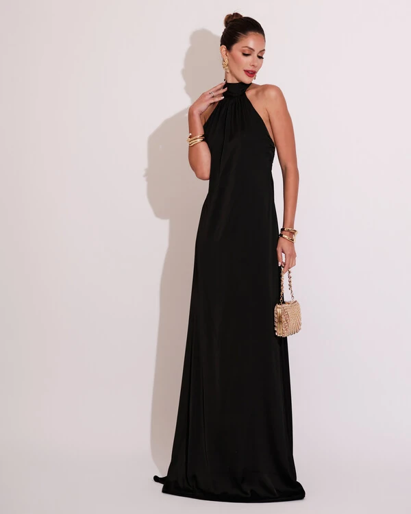 Vestido de Festa Gola Alta com Decote nas Costas Acetinado Preto