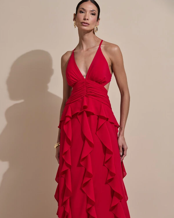 Vestido de Festa Longo Decote V Recortes Drapeado Crepe Chiffon Babados Cascata Vermelho