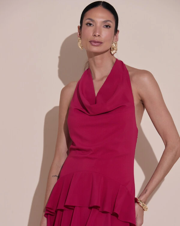 Vestido De Festa Longo Frente Única Degagê Crepe Chiffon Babados Mullet Cereja