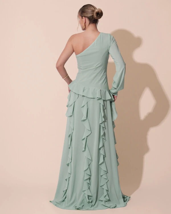 Vestido de Festa Longo Crepe Um Ombro Só Manga Longa e Babados Cascata Fenda Verde Menta
