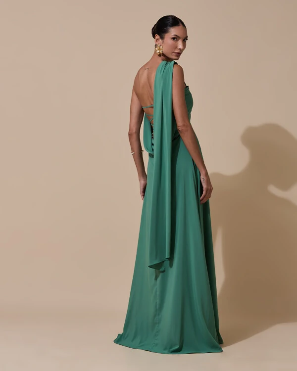 Vestido de festa Longo Tomara que Caia Crepe Chiffon Drapeado Lenço Verde Matcha Escuro