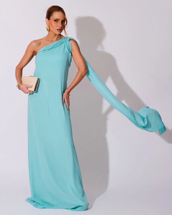 Vestido de Festa Longo Crepe Chiffon Um Ombro Só Drapeado Tiffany