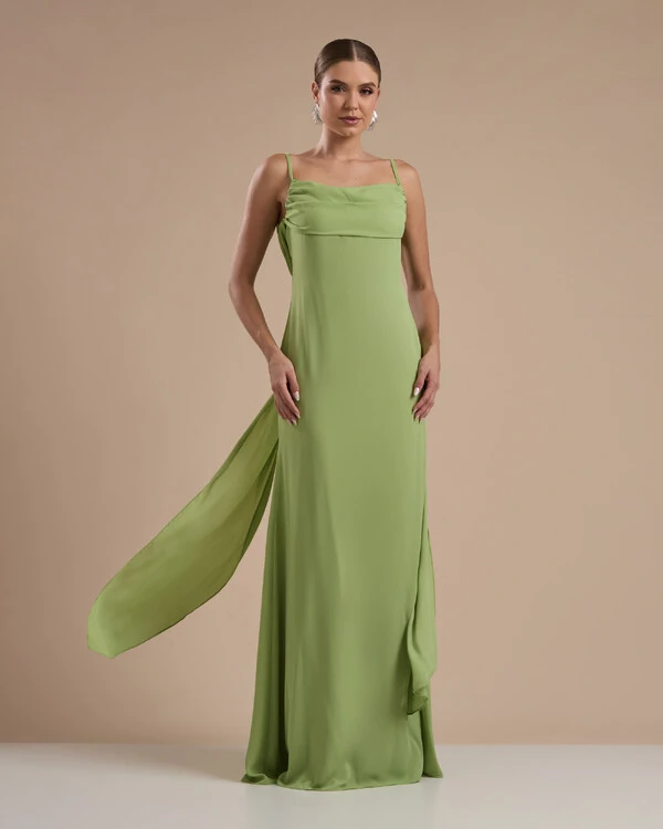 Vestido de Festa Longo Crepe Chiffon Costas Lenço Cauda Verde Garden