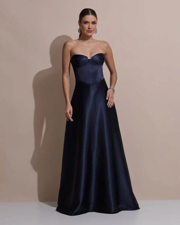 Vestido de Festa Longo Tomara que Caia Decote Coração Cetim Cruzado Costas Azul Marinho Escuro