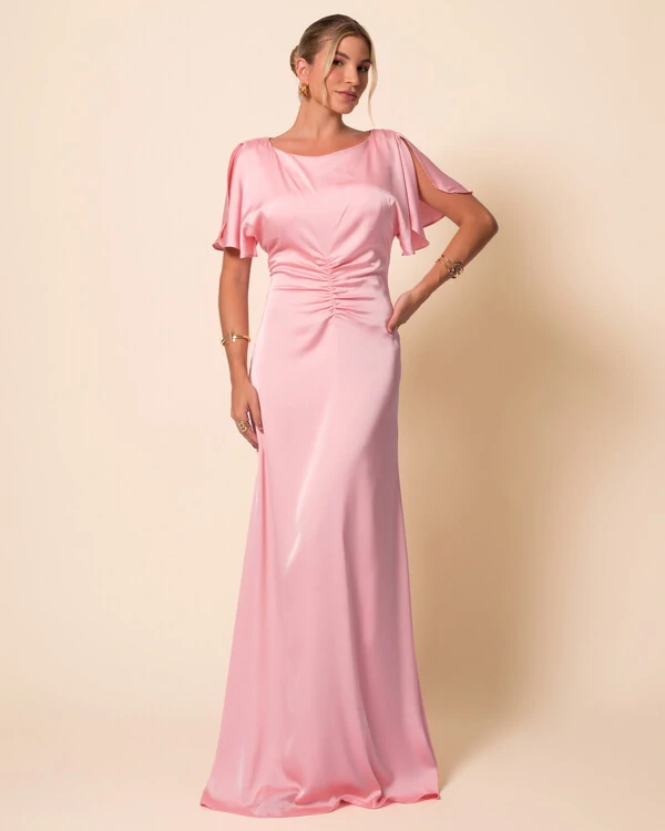 Vestido de Festa Longo Cetim Fluido Manga Curta Drapeado Rose