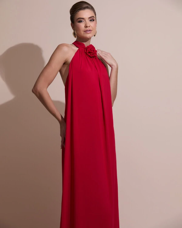 Vestido Longo Crepe Chiffon Frente Única Fluido Flor Removível Vermelho