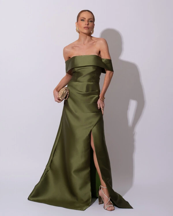 Vestido de Festa Longo Zibeline Ombro a Ombro Drapeado e Fenda Verde Oliva