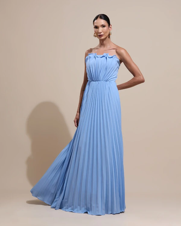 Vestido de Festa Longo Tomara que Caia Plissado Detalhe Serenity