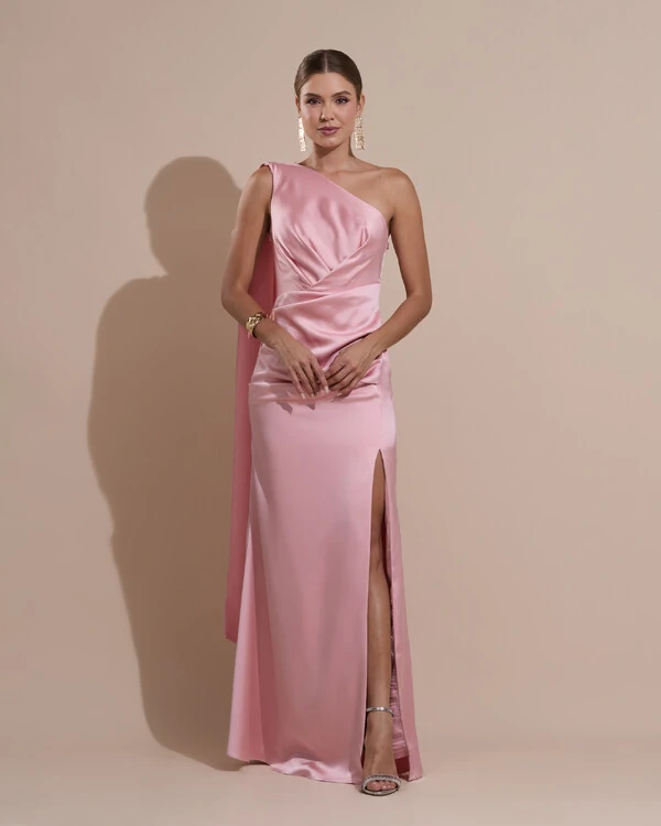 Vestido de Festa Longo Cetim Alfaiataria Um Ombro Só Drapeado com Lenço Rose Gold