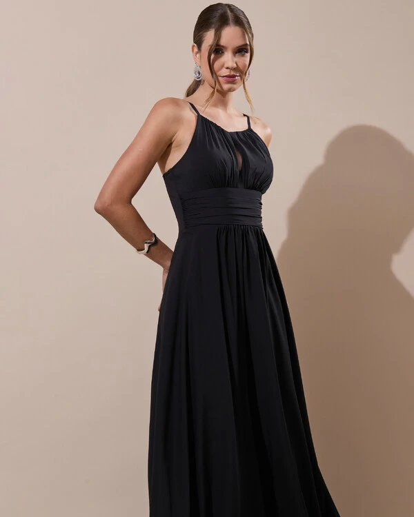 Vestido de Festa Longo Crepe Chiffon Drapeado com Alças e Saia Fluida Preto