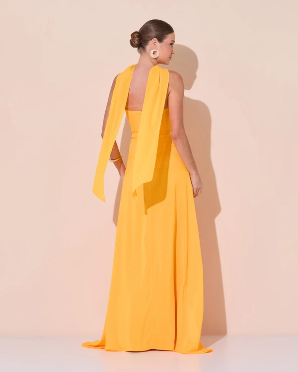 Vestido de Festa Longo Decote Coração Crepe Chiffon Drapeado Plissado Lenço Laranja Manga New