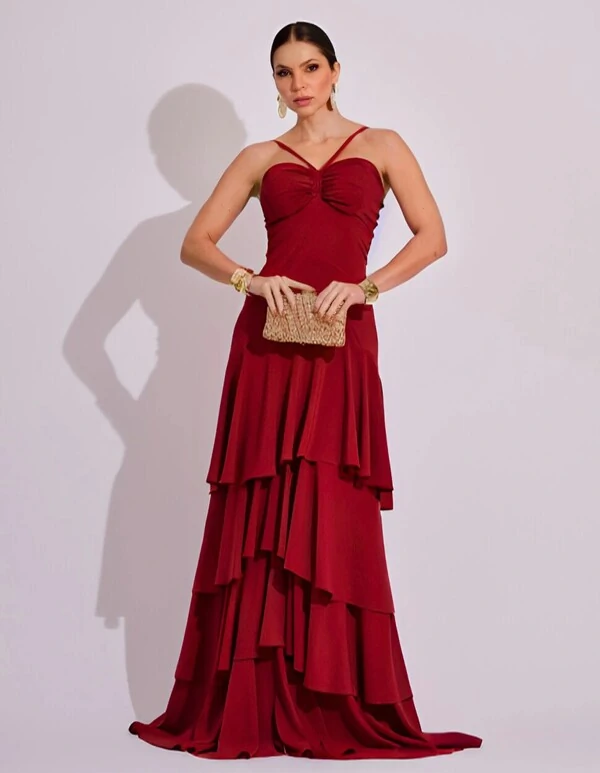 Vestido Longo Crepe com Babado em Camadas Marsala