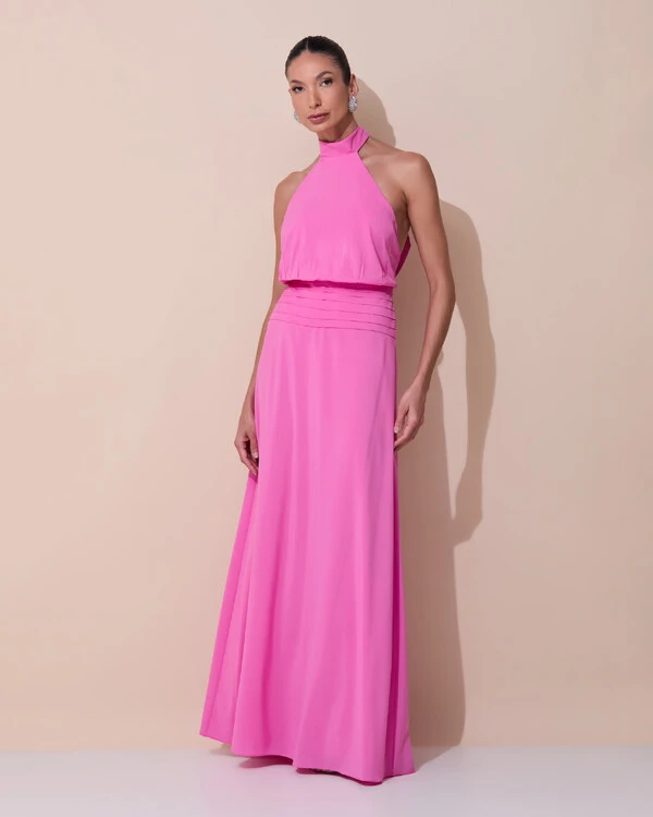 Vestido de Festa Longo Frente Única Busto Blousê Crepe Chiffon Drapeado Rosa New