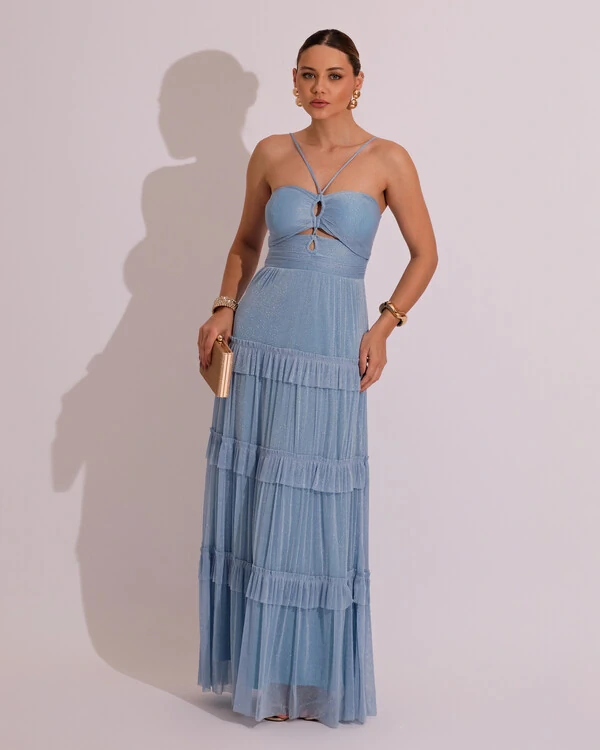 Vestido de Festa Longo Tule com Saia Babado Azul Serenity