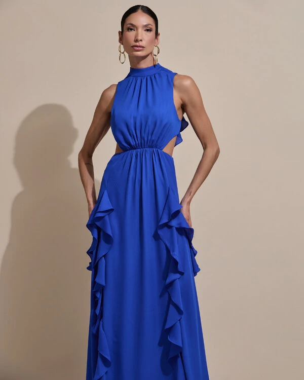 Vestido de Festa Longo Gola Alta Crepe Chiffon Recortes Babados Cascata Azul Royal