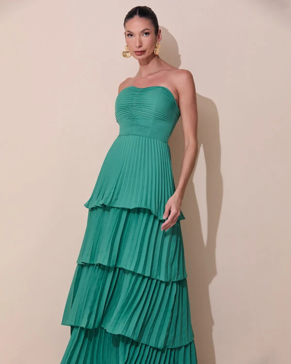 Vestido de Festa Longo Tomara que Caia Crepe Chiffon Plissado Camadas Verde Matcha Escuro