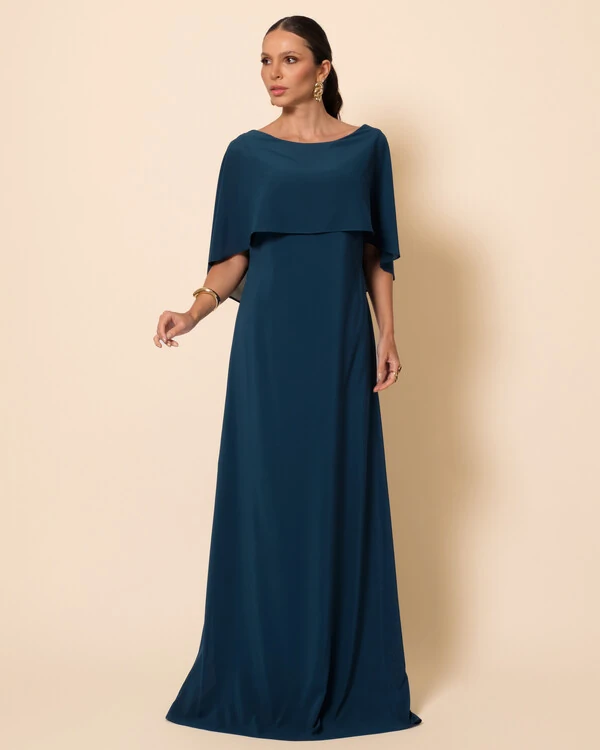 Vestido de Festa Longo Crepe Chiffon com Capa e Degagê nas Costas Verde Escuro