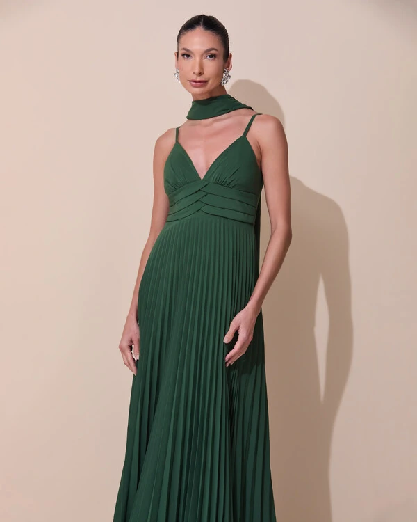 Vestido de Festa Longo Plissado Crepe Chiffon com Alça e Lenço Verde Escuro New