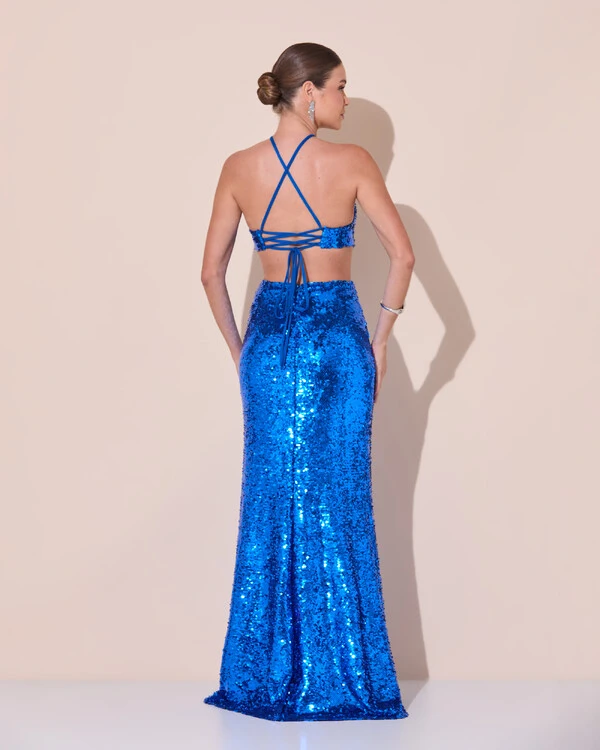 Vestido de Festa Longo Frente Única Paetê Recortes Costas Trançada Azul Royal
