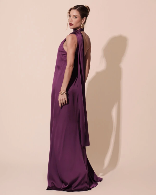 Vestido de Festa Longo Cetim Fluido Um Ombro Só Roxo