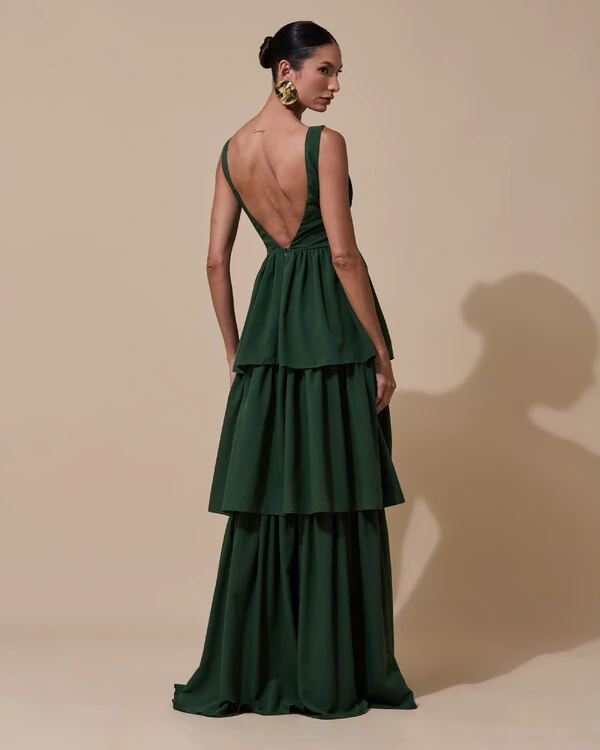 Vestido de Festa Longo Decote V Crepe Chiffon Plissado Camadas Babado Verde Militar