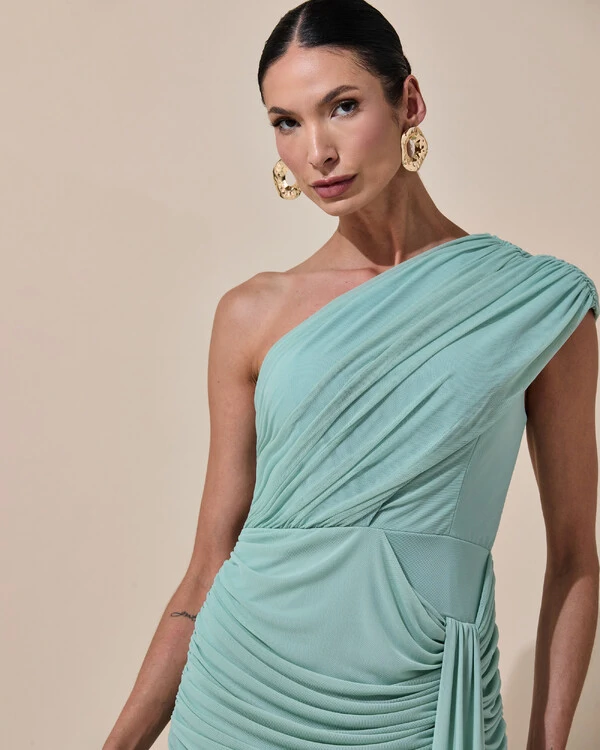 Vestido de Festa Longo Um Ombro Só Tule Drapeado Faixa Verde Menta