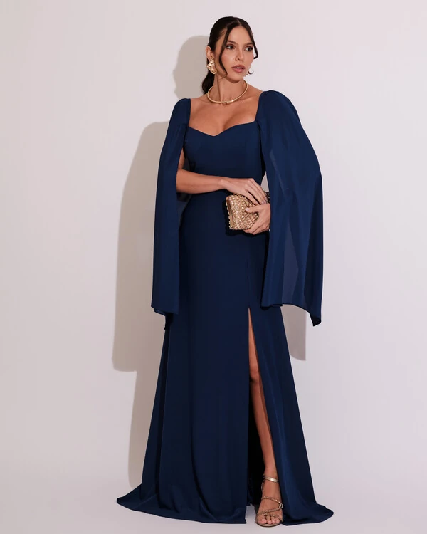 Vestido de Festa Longo com Capa Azul Marinho