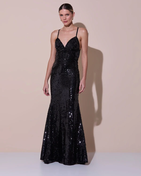 Vestido de Festa Longo Decote V Paetê Alças Finas Saia Sereia Preto