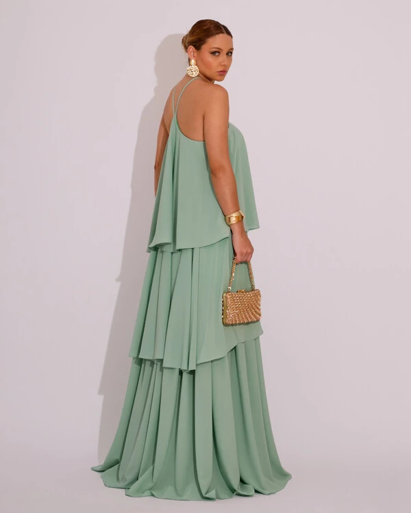 Vestido Longo Babado em Camadas Verde Menta