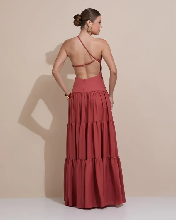 Vestido de Festa Longo Um ombro Só Crepe Chiffon Saia Fluida Terracota