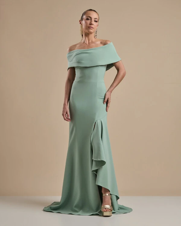 Vestido de Festa Longo Alfaiataria Ombro a Ombro com Babado Cascata Verde Menta
